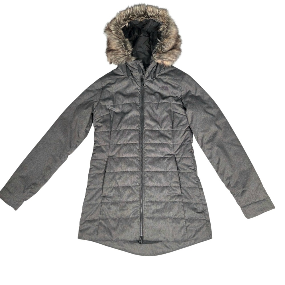 The North Face Parka Womens Small Gray Faux Fur Trim Hooded Puffer Jacket